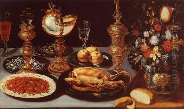 Nature Morte D'apparat Au Nautile, Pieces D'orfevrerie, Vase De Fleurs, Volaille, Mures, Verre En Cristal De Venise Et Pain - view 1