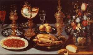 Nature Morte D'apparat Au Nautile, Pieces D'orfevrerie, Vase De Fleurs, Volaille, Mures, Verre En Cristal De Venise Et Pain