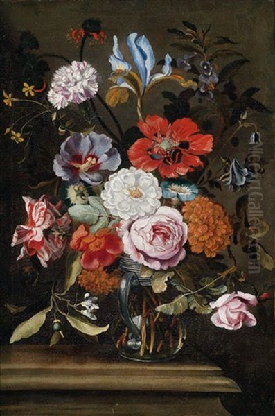 Ein Blumenstraus Mit Iris, Nelke, Aster, Orangenblute, Wicken Und Rosen In Einem Glasernen Henkelkrug - view 1
