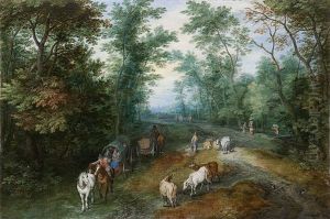 Wooded Landscape With Travellers On A Country Road by Jan Baptiste Brueghel