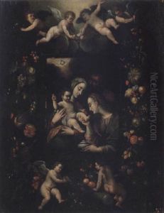 Heliga Familjen Omgiven Av Blomstergirlander