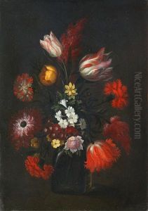Tulips, Auricula, Narcissi And Other Flowers In A Glass Vase by Jan Peeter Brueghel