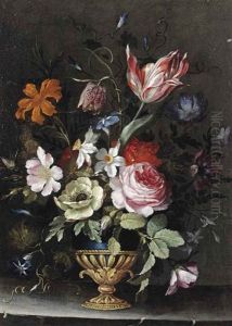 Roses, Peonies, A Tulip, Daffodils, Morning Glory And Other Flowers In A Blue Lacquer And Gilt Vase On A Stone Ledge by Jan Peeter Brueghel