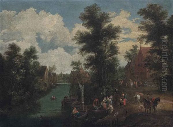 A River Landscape With Figures On The Bank, A Village Beyond - view 1