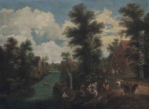 A River Landscape With Figures On The Bank, A Village Beyond by Jan Peeter Brueghel