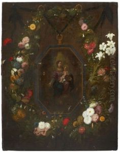 Madonnan Med Barnet Omgivna Av Blomsterprydd Kartusch by Jan Peeter Brueghel