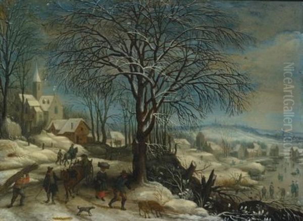 A Winter Landscape With Figures On A Path, A Frozen River Beyond - view 1