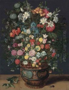 Lilies, Irises, Tulips, Roses, Orchids, Primroses, Peonies And Other Flowers In A Sculpted Vase Decorated With The Figures Of Amphitrite And Ceres...