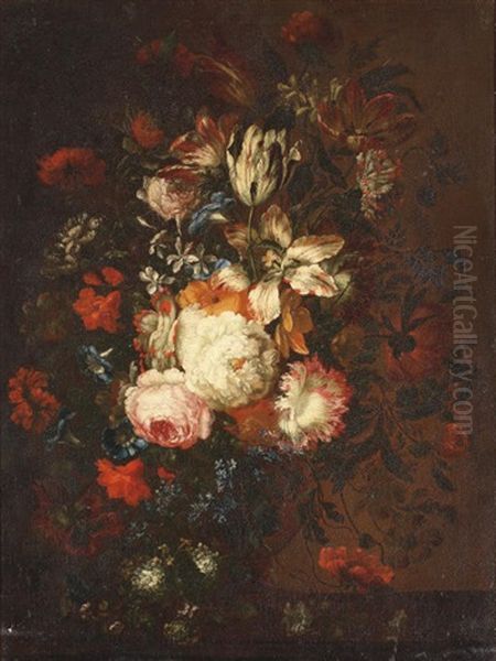 Roses, Tulips, Violets And Other Flowers In A Glass Vase On A Wooden Ledge - view 1