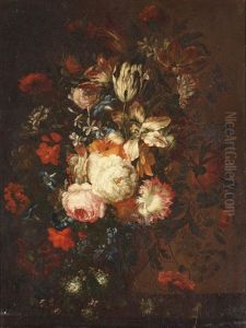 Roses, Tulips, Violets And Other Flowers In A Glass Vase On A Wooden Ledge by Jan Peeter Brueghel