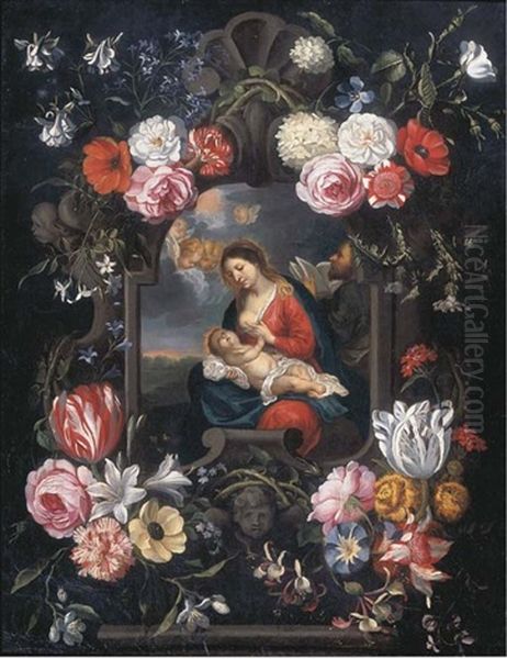 The Virgin And Child In A Carved Stone Cartouche Surrounded By Flowers - view 1