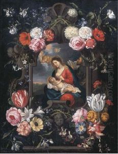 The Virgin And Child In A Carved Stone Cartouche Surrounded By Flowers