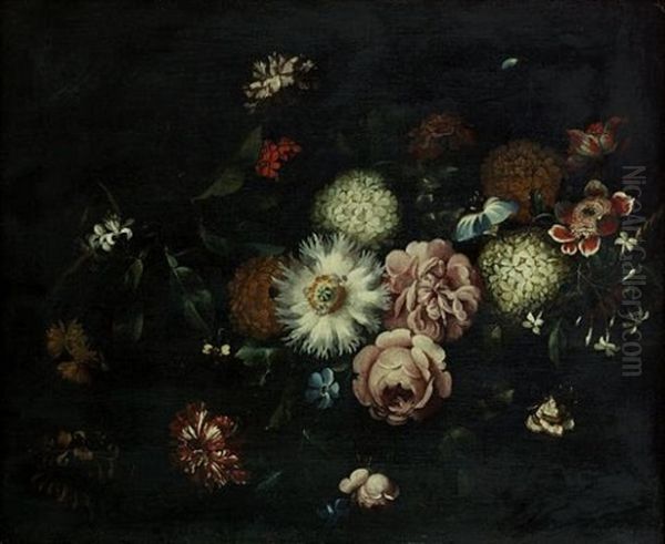 A Passion Flower, Honeysuckle, Carnations, Roses And Other Flowers On A Stone Ledge With A Butterfly - view 1