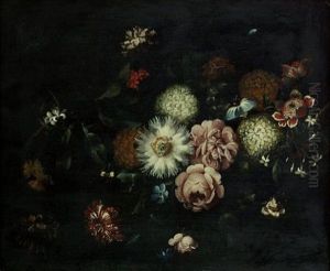 A Passion Flower, Honeysuckle, Carnations, Roses And Other Flowers On A Stone Ledge With A Butterfly by Jan Peeter Brueghel
