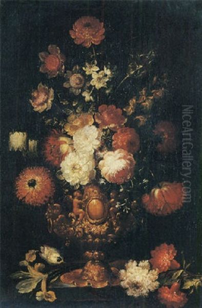 Mixed Flowers In A Bronze Vase On A Ledge - view 1