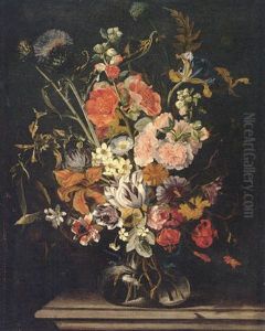 Still Life Of Tulips, Carnations, Stocks, Irises, Thistles And Lilies In A Glass Vase Upon A Stone Ledge by Jan Peeter Brueghel
