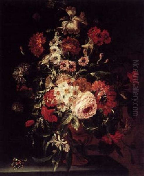 Still Life Of Roses, Carnations, Anemones And Other Flowers In A Terracotta Vase With A Butterfly On A Stone Ledge - view 1