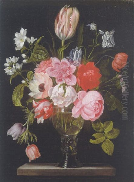 Tulips, Roses, Poppies, Anemones, Gardinia And Other Flowers In A Roemer On A Stone Plinth - view 1