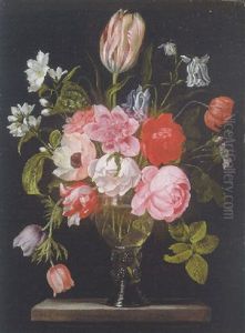 Tulips, Roses, Poppies, Anemones, Gardinia And Other Flowers In A Roemer On A Stone Plinth by Jan Peeter Brueghel