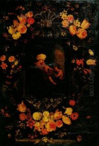 The Madonna And Child With The Infant Saint John The Baptist In A Feigned Stone Niche Decorated With Flowers by Jan Peeter Brueghel