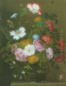 Roses, Carnations, Dahlias And Other Flowers In A Vase On A Stone Ledge by Jan Peeter Brueghel