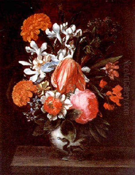 A Bouquet Of Flowers In A Decorated Clay Vase - view 1