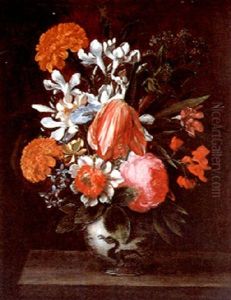 A Bouquet Of Flowers In A Decorated Clay Vase