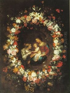 The Marriage Of Saint Catherine, Surrounded By An Oval Garland Of Flowers by Jan Peeter Brueghel