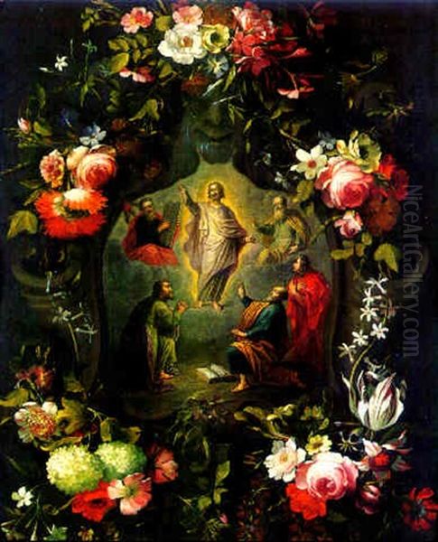 The Transfiguration Seen Through A Stone Cartouche Surrounded By Flowers And Leaves - view 1