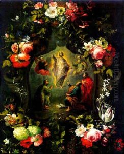 The Transfiguration Seen Through A Stone Cartouche Surrounded By Flowers And Leaves