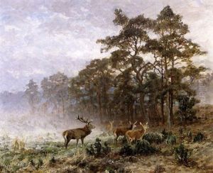 Deers At Dawn by Alfred von Bruehl