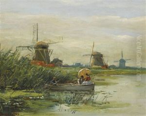 Windmuhlen Am Ufer Mit Ruderboot by Victor Brugairolles