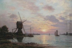 Windmill At Sunset by Victor Brugairolles