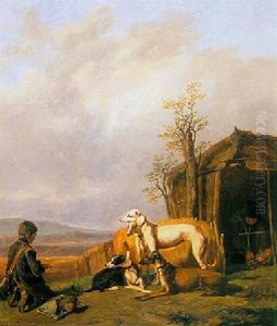 A Boy With His Dogs In A Landscape by Guillaume Anne Van Der Brugghen