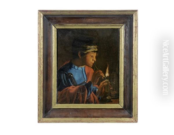 A Boy Lighting A Pipe - view 1