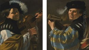 A Man Playing A Lute And A Man Playing A Viola Da Braccio (pair) by Hendrick Ter Brugghen
