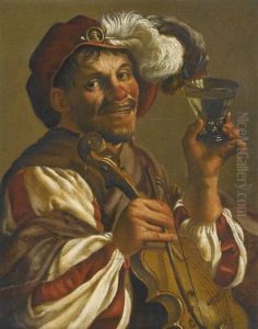 Man With A Glass And Violin (17th Century Engraving After Hendrik Terbrugghen By Theodor Matham)