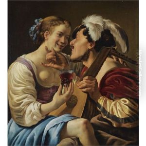 A Luteplayer Carousing With A Young Woman Holding A Roemer by Hendrick Ter Brugghen