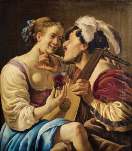 Scene Galante Avec Un Joueur De Luth Et Une Jeune Femme Tenant Un Roemer by Hendrick Ter Brugghen