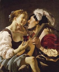 A Luteplayer Carousing With A Young Woman Holding A Roemer by Hendrick Ter Brugghen
