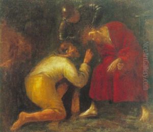 En Romersk Soldat Tager Tornekransen Af Jesus, I Forgrunden Judas Knaelende En Romersk Soldat Tager Tornekransen Af Jesus, I Forgrunden Judas Knaelende