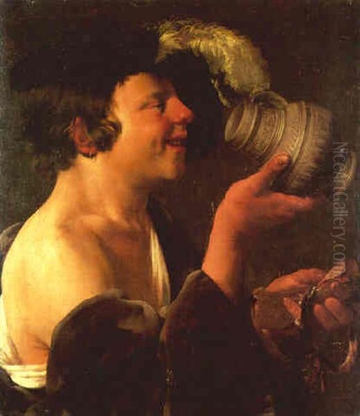 A Boy With A Tankard Holding Dried Fish - view 1