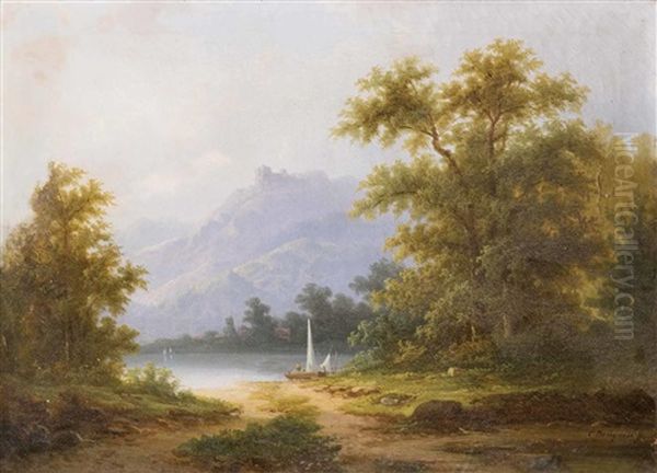 Alpine Seelandschaft Mit Kleinem Segelboot - view 1