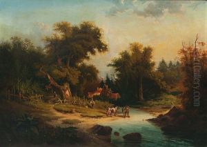 Landscape With Farmyard And Cows By A Creek by Coelestin Bruegner
