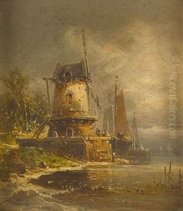Flussufer Mit Einer Windmuhle by Coelestin Bruegner