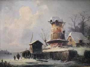 Winterlandschaft Mit Windmuhle Und Figuren Auf Einem Zugefrorenen See by Coelestin Bruegner