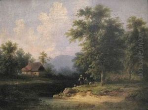 Sommerlandschaft Mit Angler Am Fluss by Coelestin Bruegner