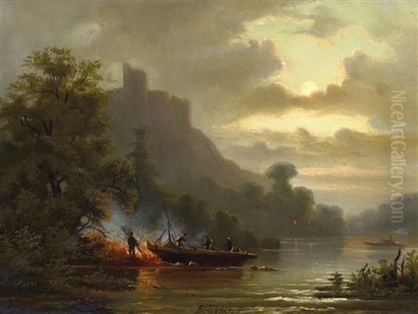 Flusslandschaft Bei Vollmond. Vorn Am Ufer Fischer Bei Einem Lagerfeuer - view 1