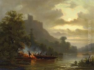Flusslandschaft Bei Vollmond. Vorn Am Ufer Fischer Bei Einem Lagerfeuer