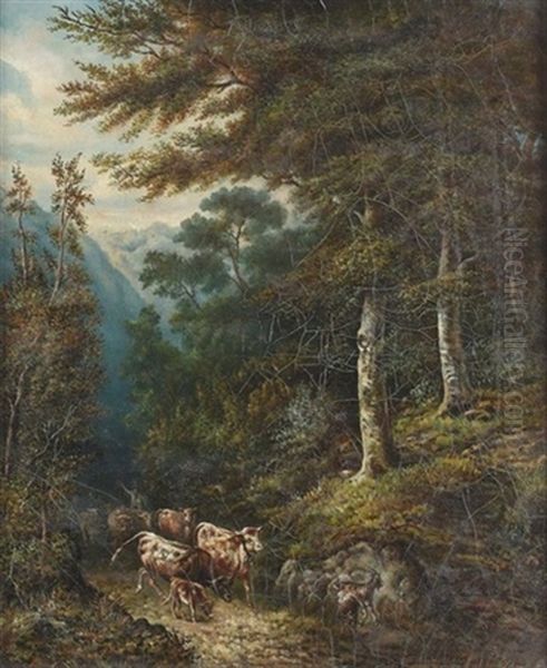 Hirte Mit Viehherde Auf Einem Waldweg - view 1